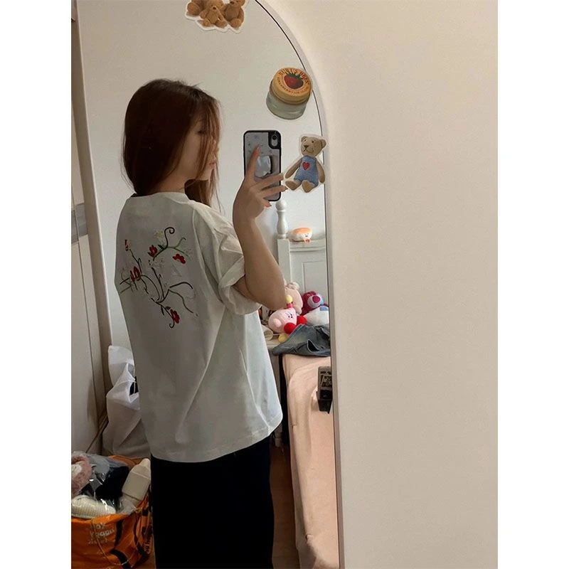 美式潮牌【刺绣花卉】设计感夏季t恤女短袖oversize打底衫上衣潮