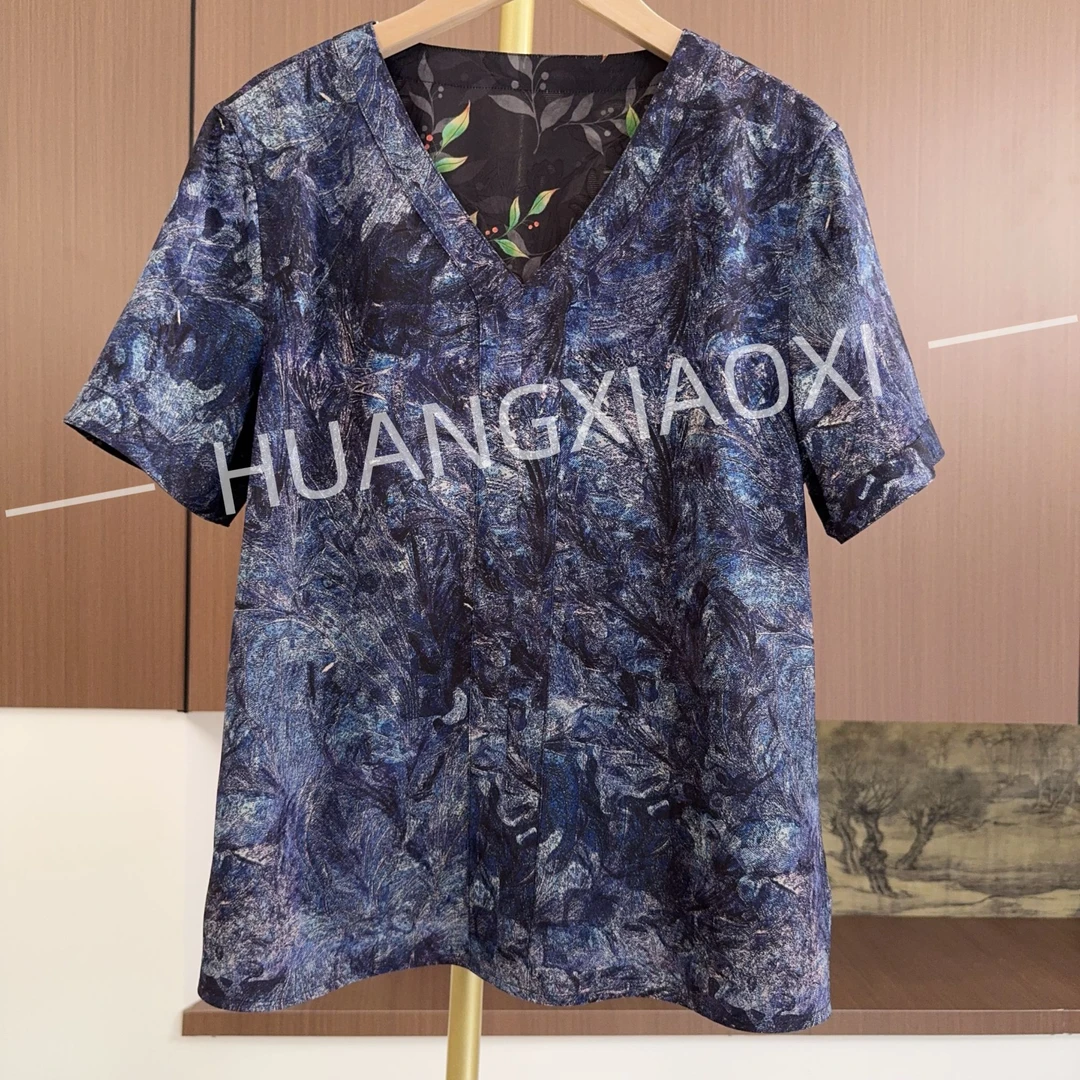 HUANGXIAOXI 紫蓝高级感油画绿叶小樱桃单层双面双穿小衫 HXX-256