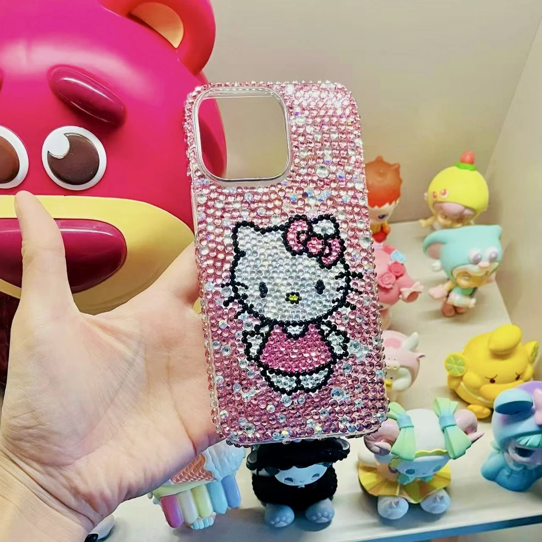 网红Kitty猫水钻手机壳适用苹果各型号可自己贴全包卡通17防摔16