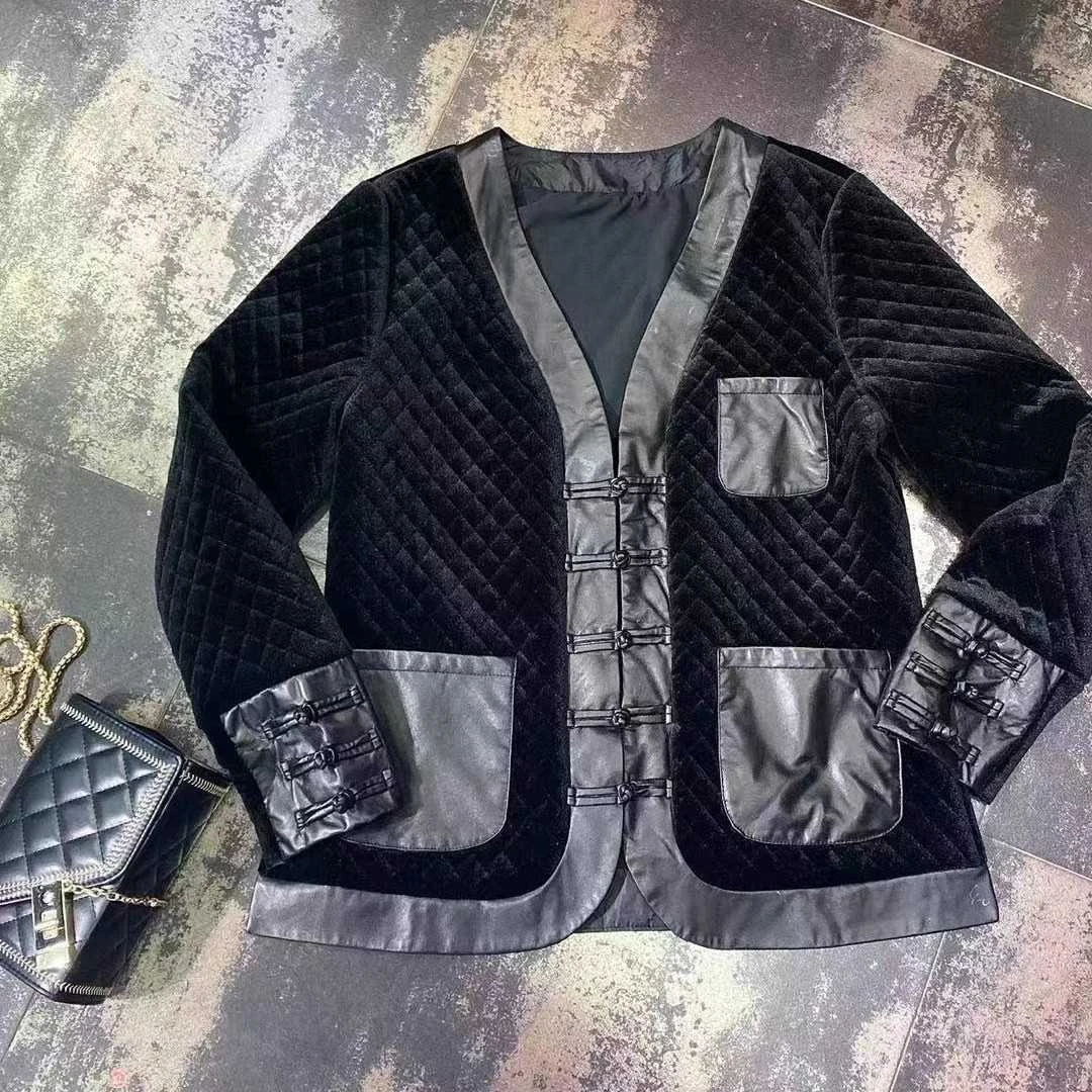 （现货）2025秋冬新款三兜唐装丝绒拼皮格棉外衣