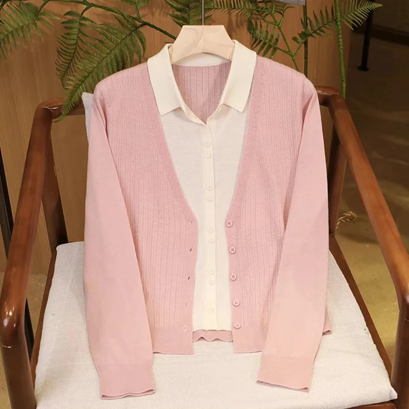 温柔惬意~羊毛法式设计感撞色假两件POLO针织开衫