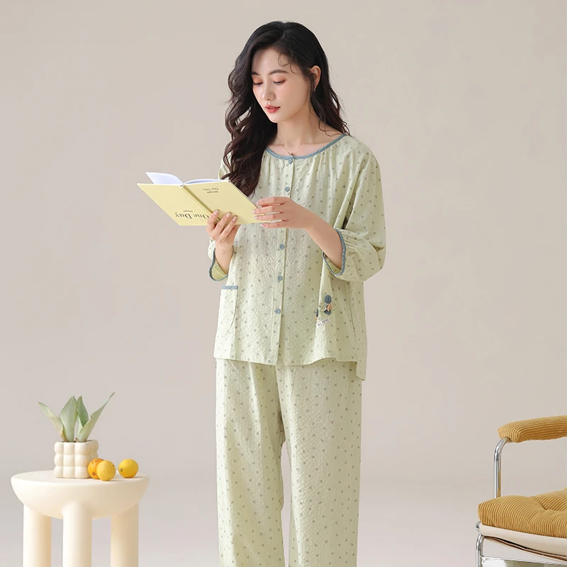 力婷睡衣女士夏季春秋款2025新款宽松大码七分袖薄款家居服套装
