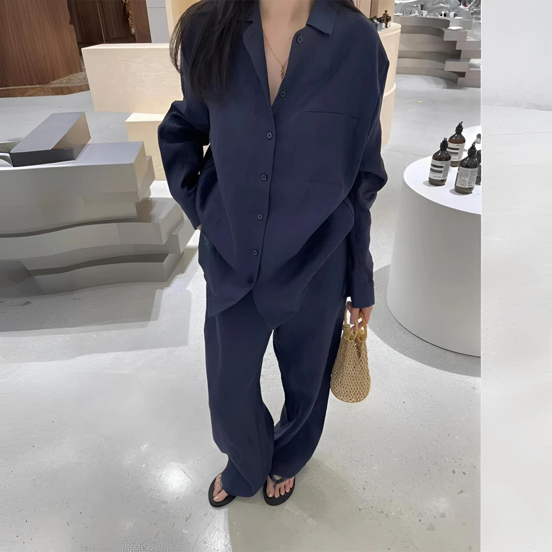 深蓝色亚麻衬衫套装女2025新款老钱风穿搭气质慵懒显瘦棉麻两件套