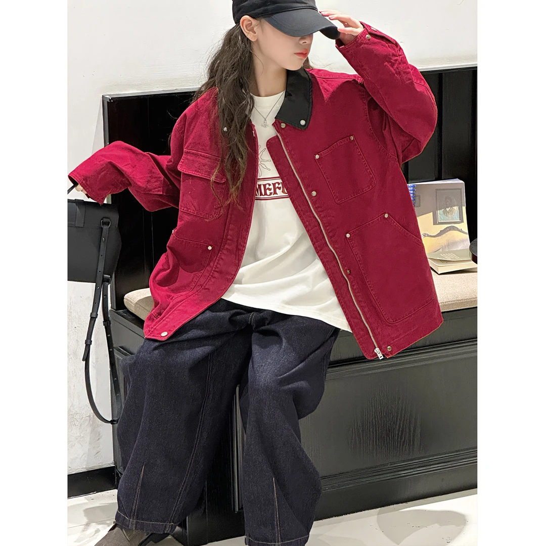 K29825孙小美翻领拼色女童工装外套2025秋新款儿童上衣春秋拉链衫