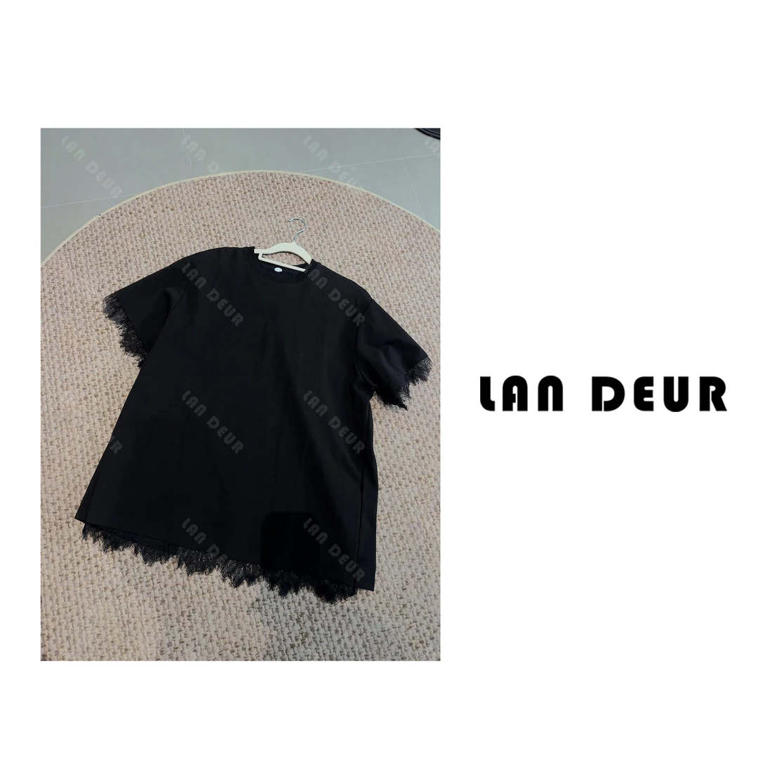 【琉璃城堡】后背开叉蕾丝拼接高级气质时尚宽松短袖夏季T恤女上衣