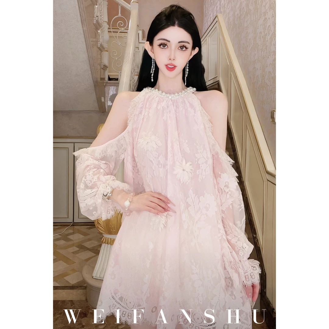 WEIFANSHU/魏凡舒【甜桃花影】夏季新款名媛气质时尚甜美露肩连衣裙