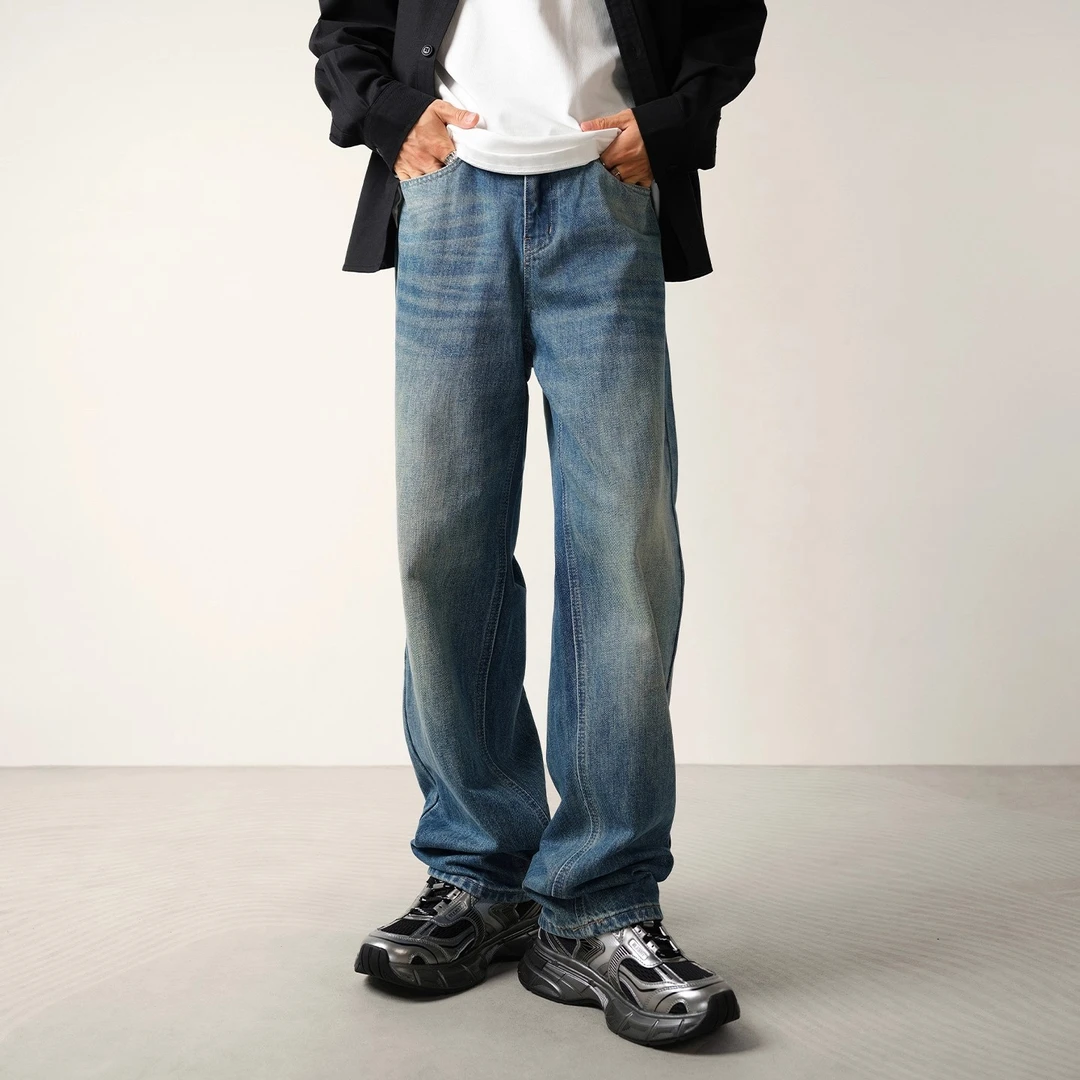 秋冬新款经典复古蓝水洗牛仔裤男宽松直筒潮流百搭长裤子美式高街