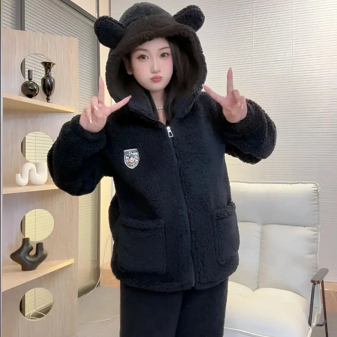 【加厚一整套】冬季保暖立领连帽睡衣家居服套装时尚加绒韩系美式