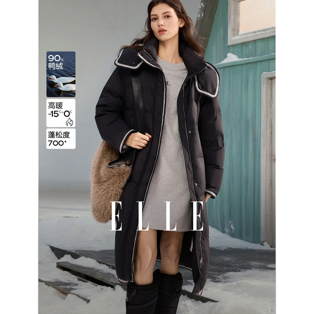 ELLE女装90白鸭绒撞色连帽长款羽绒服2025冬新款过膝外套EY52954