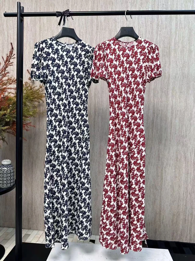 夏季气质显瘦圆领印花真丝斜裁修身时尚长裙