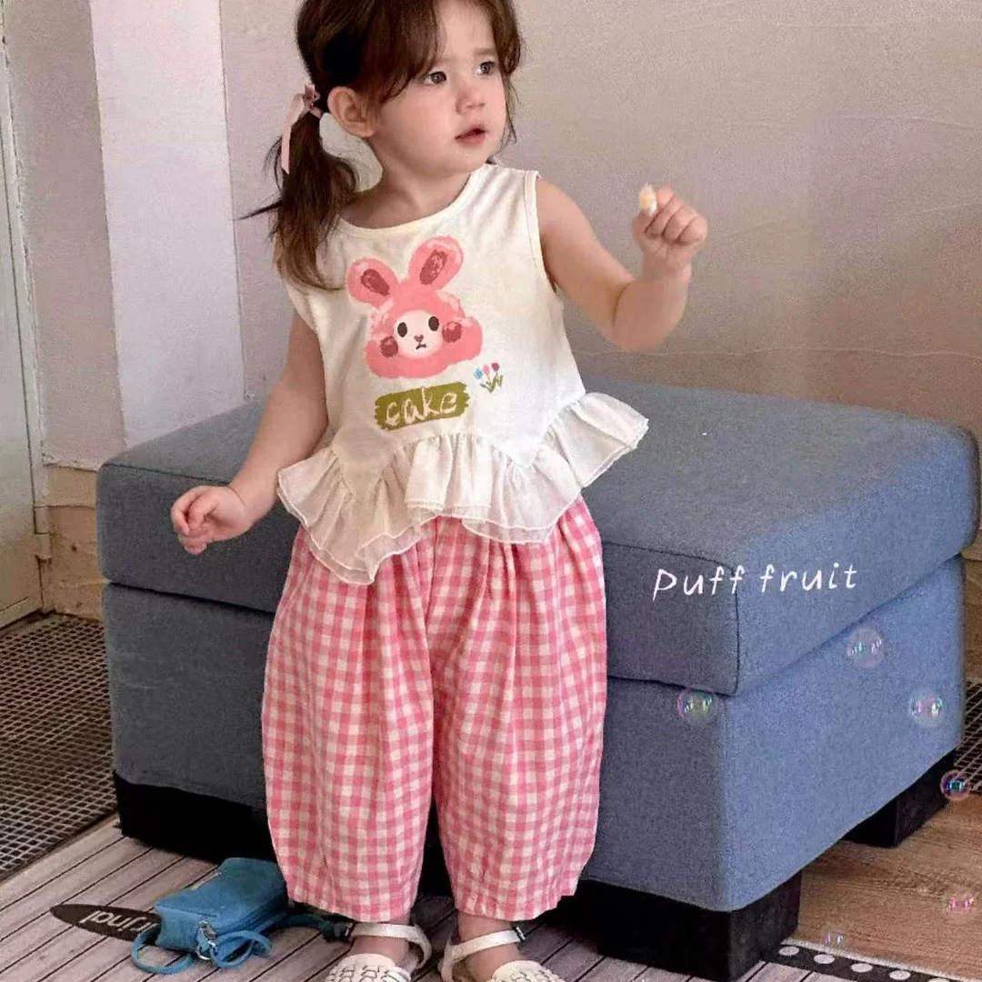 女童套装夏日韩系可爱软萌兔子套装甜美宝宝背心粉色格子裤两件套