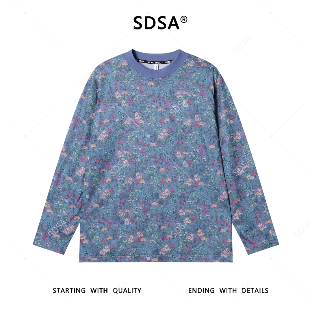 SDSA秋季新款男士痞帅彩色满印植物花卉圆领长袖T恤百搭设计师