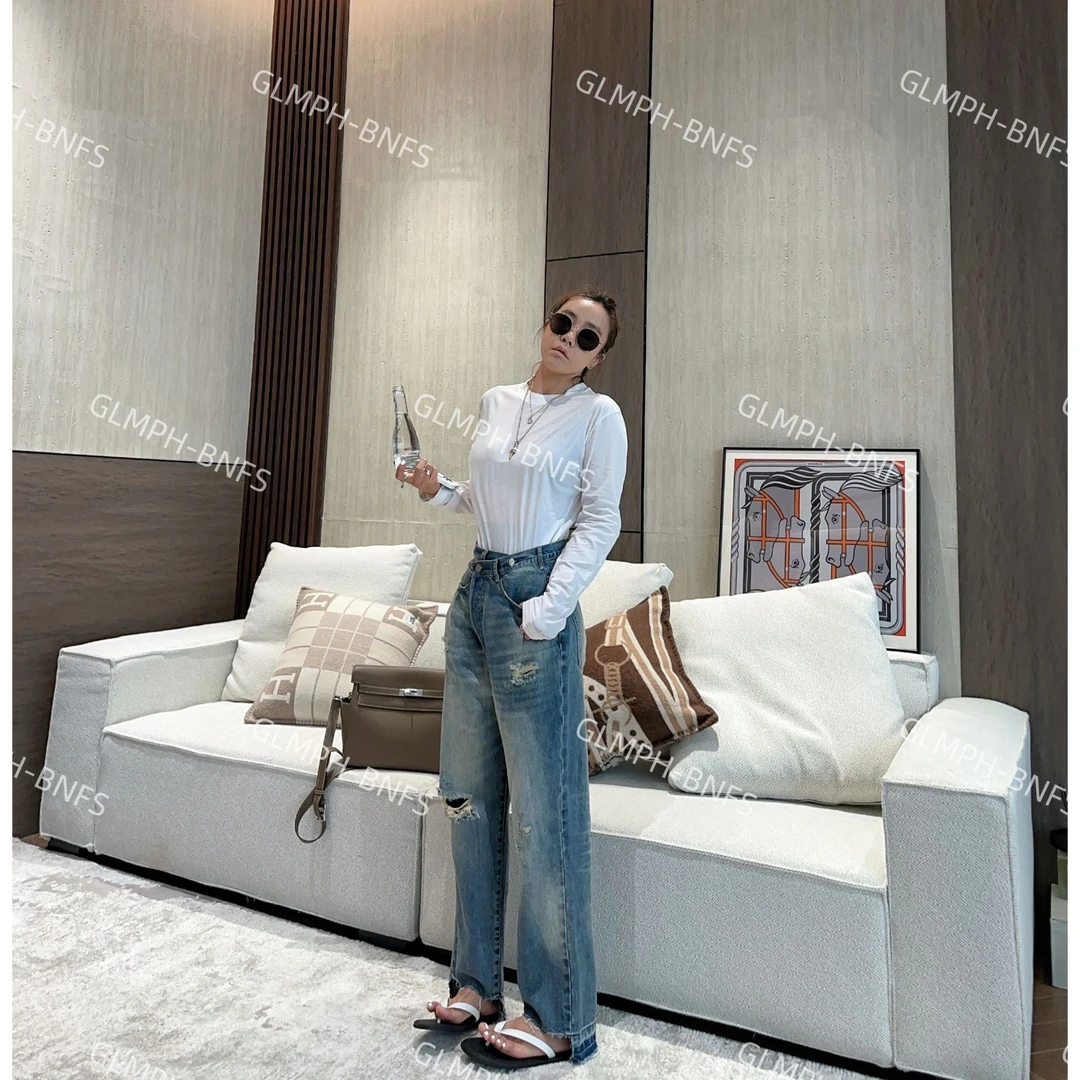 GLMPH-BNFS【罗意 牛仔】简约破洞显瘦宽松直筒裤百搭牛仔长裤-794