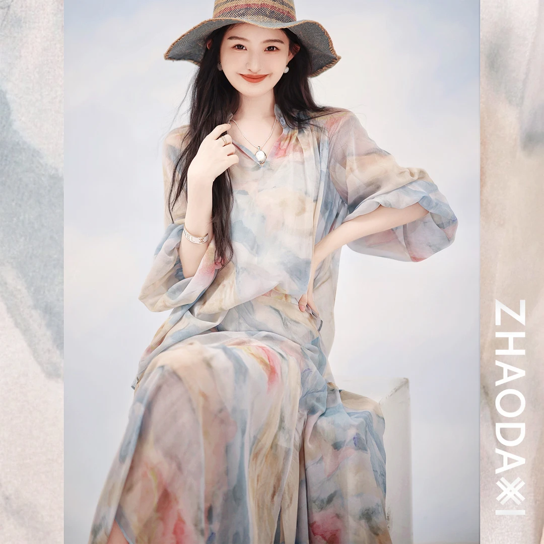 【赵大喜】现货！莫兰迪真.丝套装 | 100silk绑带小衫松紧半裙