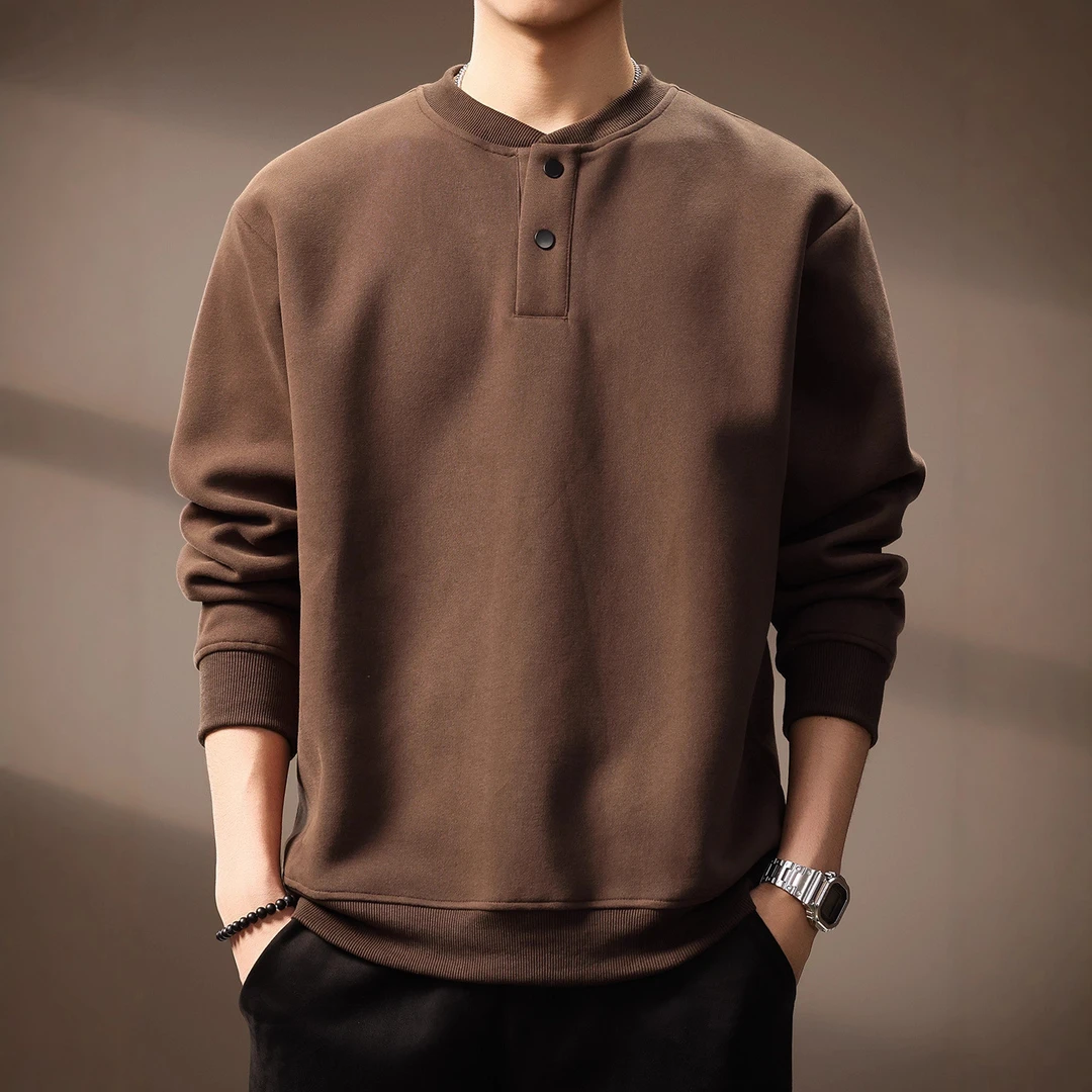 帛延高端日系复古简约亨利领卫衣男秋季新款潮流重磅高街百搭上衣