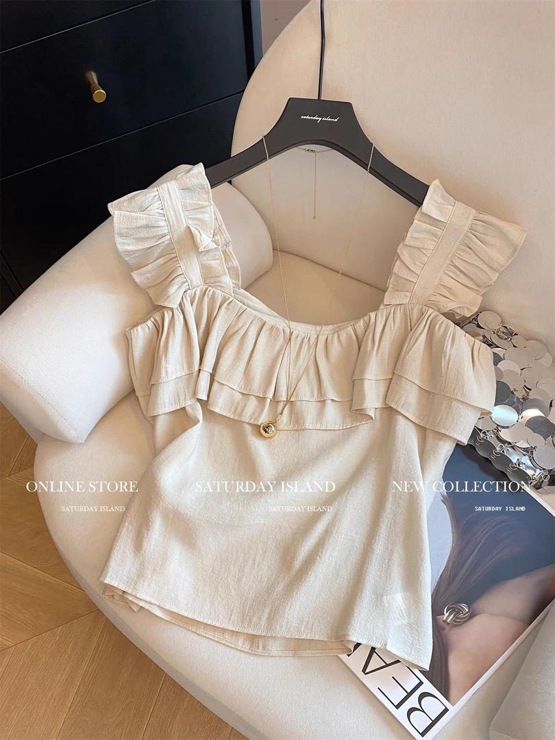 法式荷叶边拼接方领吊带背心女2025夏季新款甜美减龄显瘦气质上衣