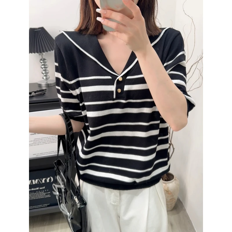 A8268黑色-夏季爆款洋气宽松提花夏季遮肉上衣可内搭针织衫