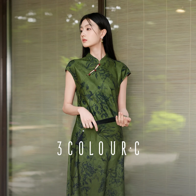 三彩【暗香疏影】2025秋季新款连衣裙长裙收腰短袖C