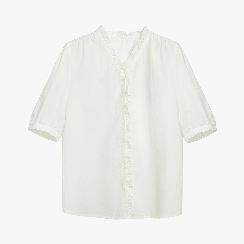 布景女夏季新品V型花边领纯色短袖衬衫BW42CM0635