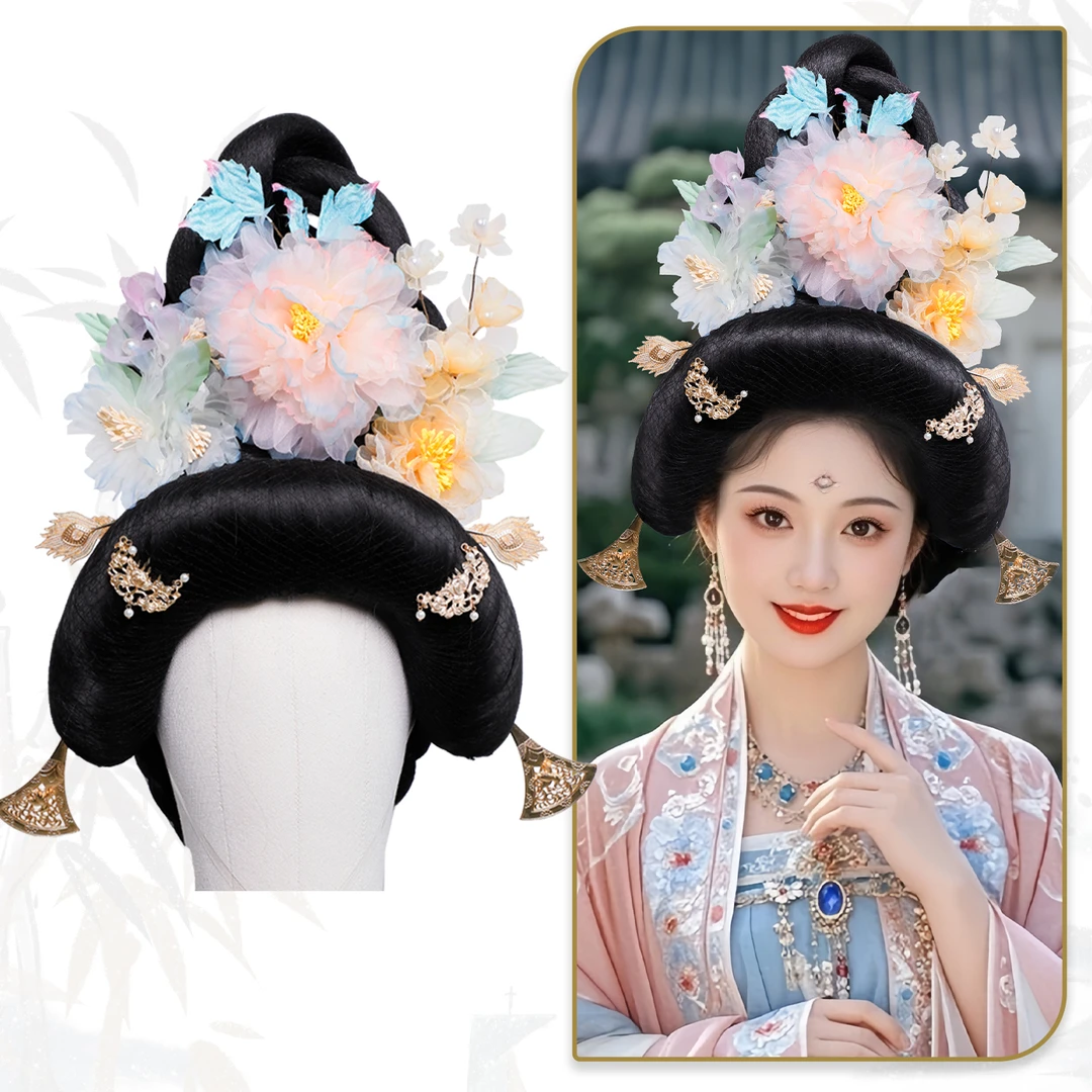 古风假发头饰组合套装绢花发簪发钗汉服配饰贵妃唐风发髻头套组合