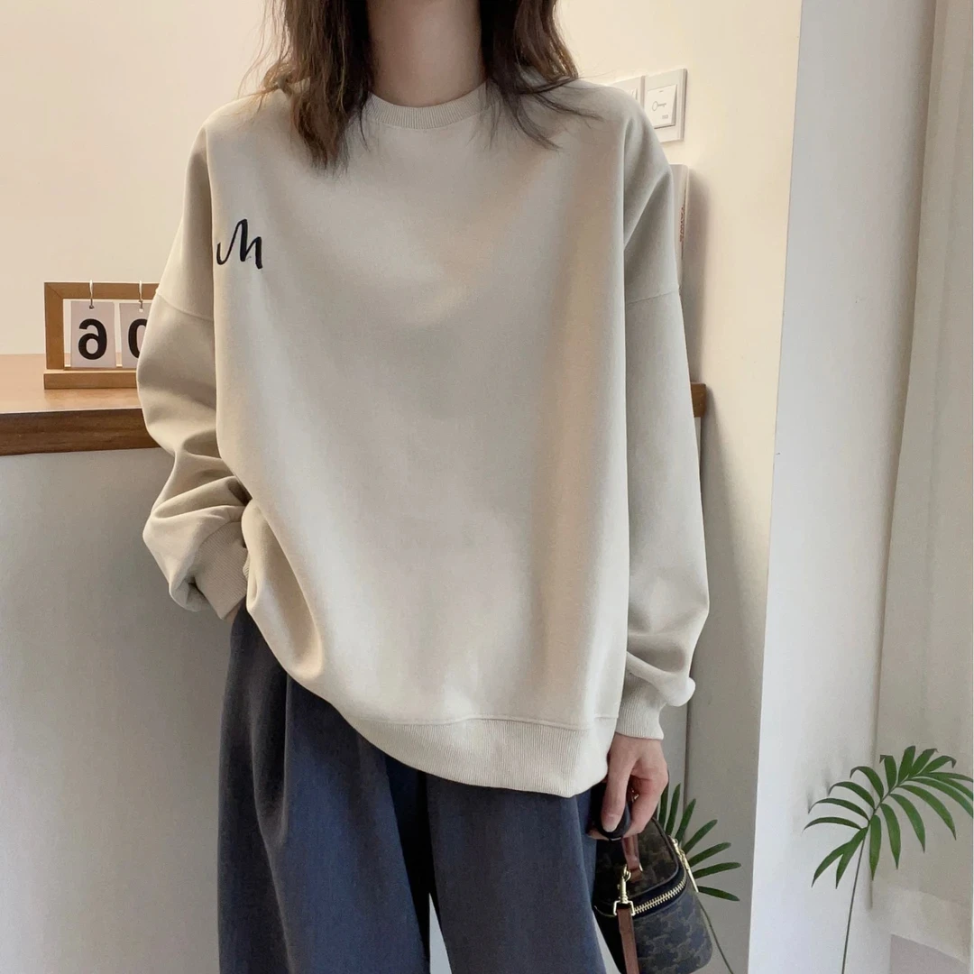 欧货2025春季新款宽松圆领套头保暖卫衣女打底百搭慵懒风上衣潮