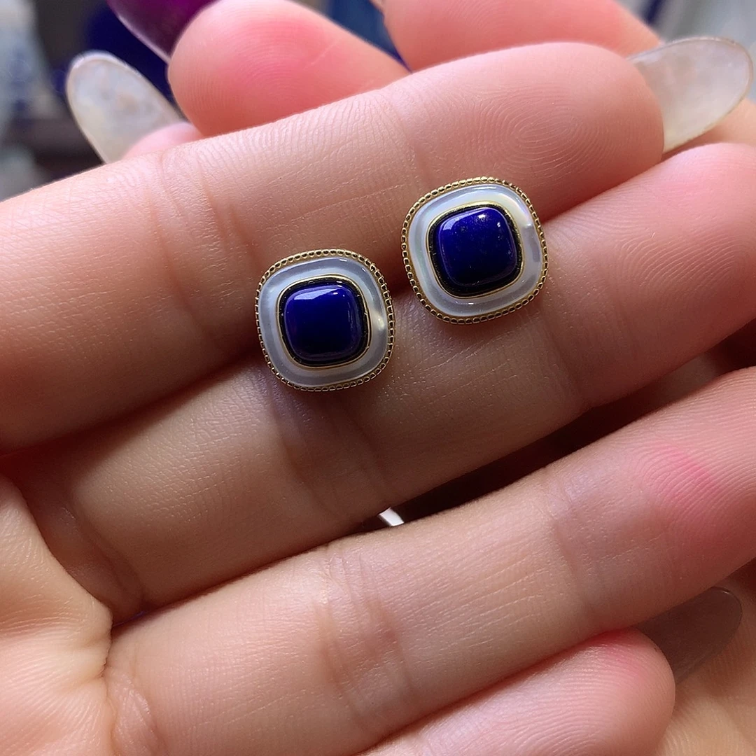 青金石银S925镶嵌耳饰