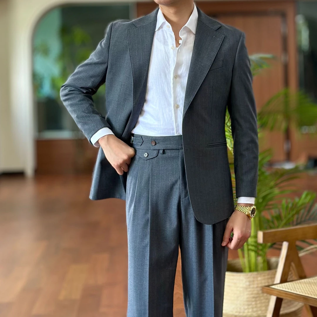 春秋灰色条纹职业西服套装单排扣商务休闲男士日常百搭外套