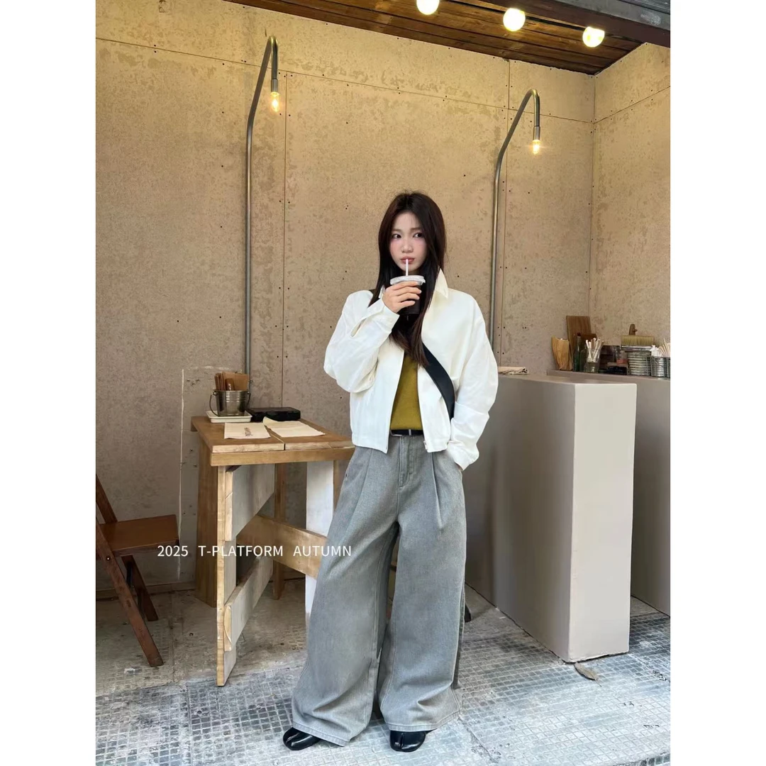 TT 福（1tt93085#）彩牛系列！松弛感压褶阔腿牛仔裤10-7