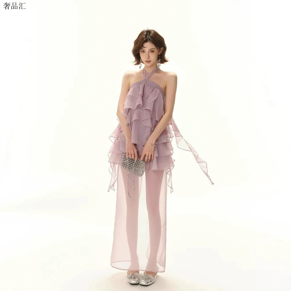 实拍高品质时尚轻奢气质性感设计师小众法式公主风蕾丝礼服感夏季