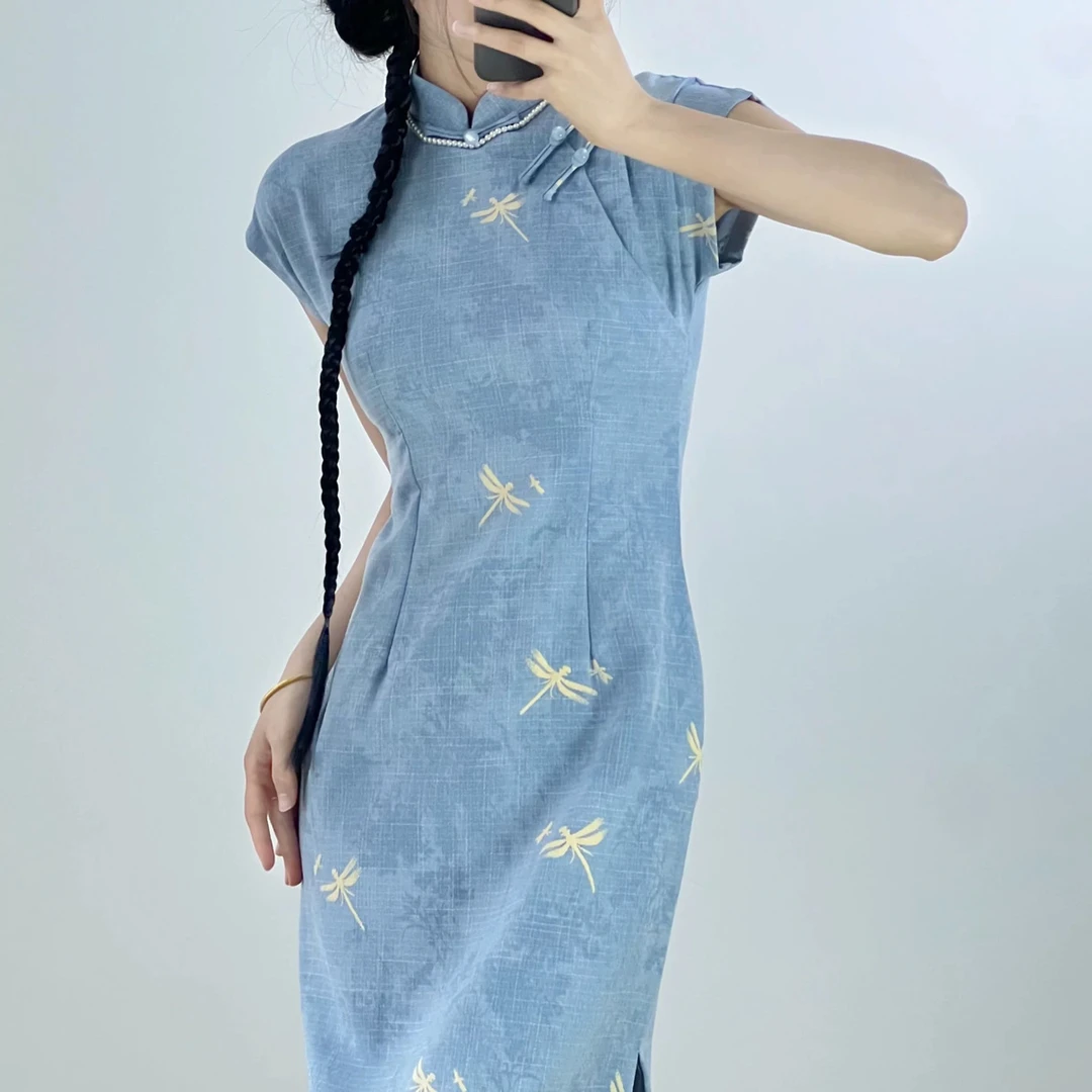 【2805  爆款小蜻蜓 蓝色】显瘦气质修身优雅中国风旗袍