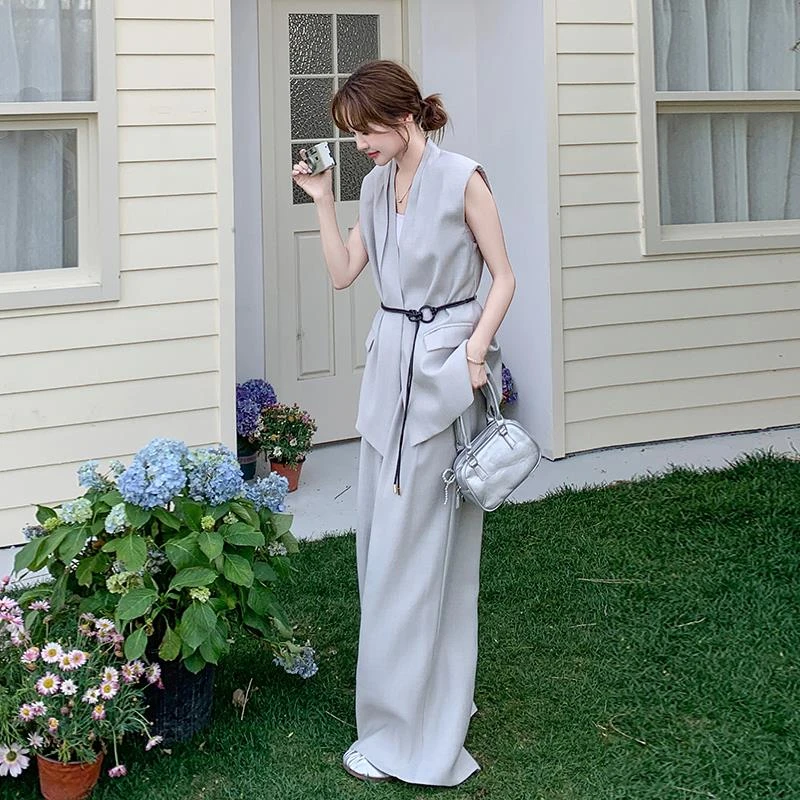 无袖西装上衣阔腿裤两件套女夏显瘦高级感套装气质韩系新款一整套