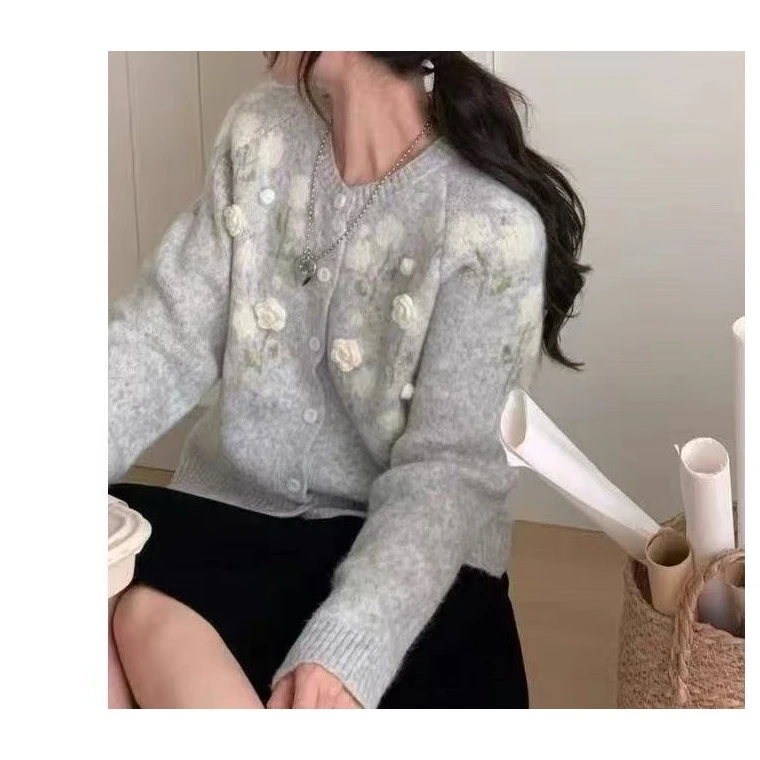 【立体山茶花羊毛开衫】冬日清新氛围感百搭休闲山茶花开衫420