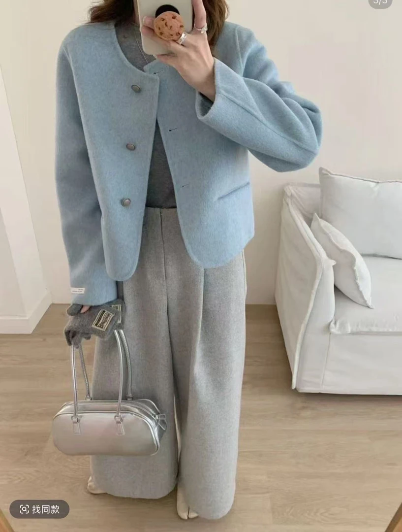 米蓝家名殿！巨好看～雾蓝羊毛短款大衣809