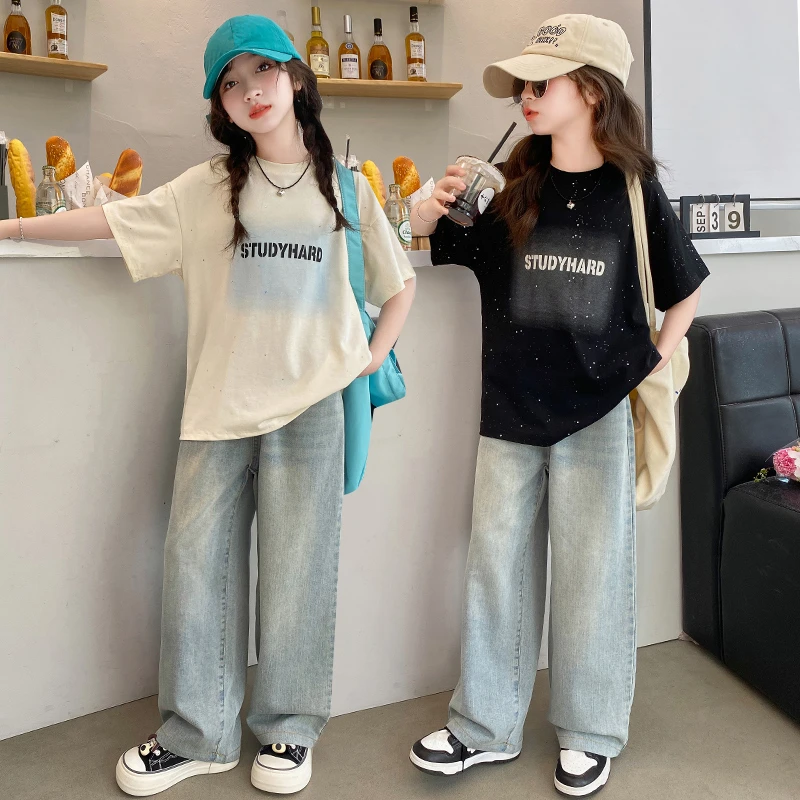 女童夏季套装2025新款洋气时髦女大童阔腿短袖儿童薄款牛仔裤休闲
