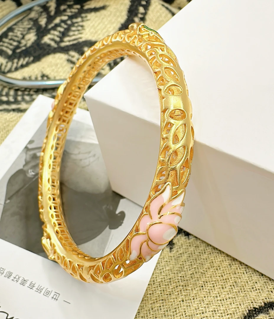 铜合金真丝手镯 不掉色珐琅镂空莲花国潮手镯风荷叶莲花烤漆手镯