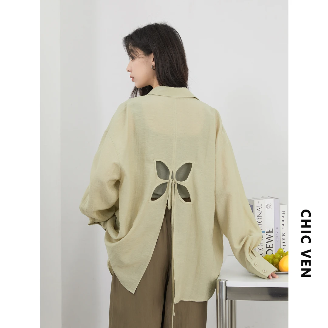 夏季新款小众设计感后背镂空亚麻衬衫宽松衬衣125XCS0268