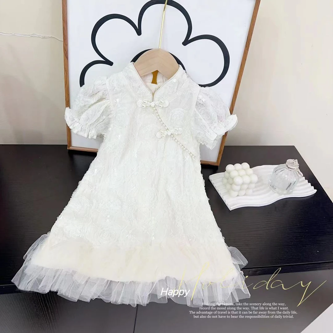 汤圆家童装2025夏季新款新中式提花泡泡袖百搭旗袍裙 XA-681