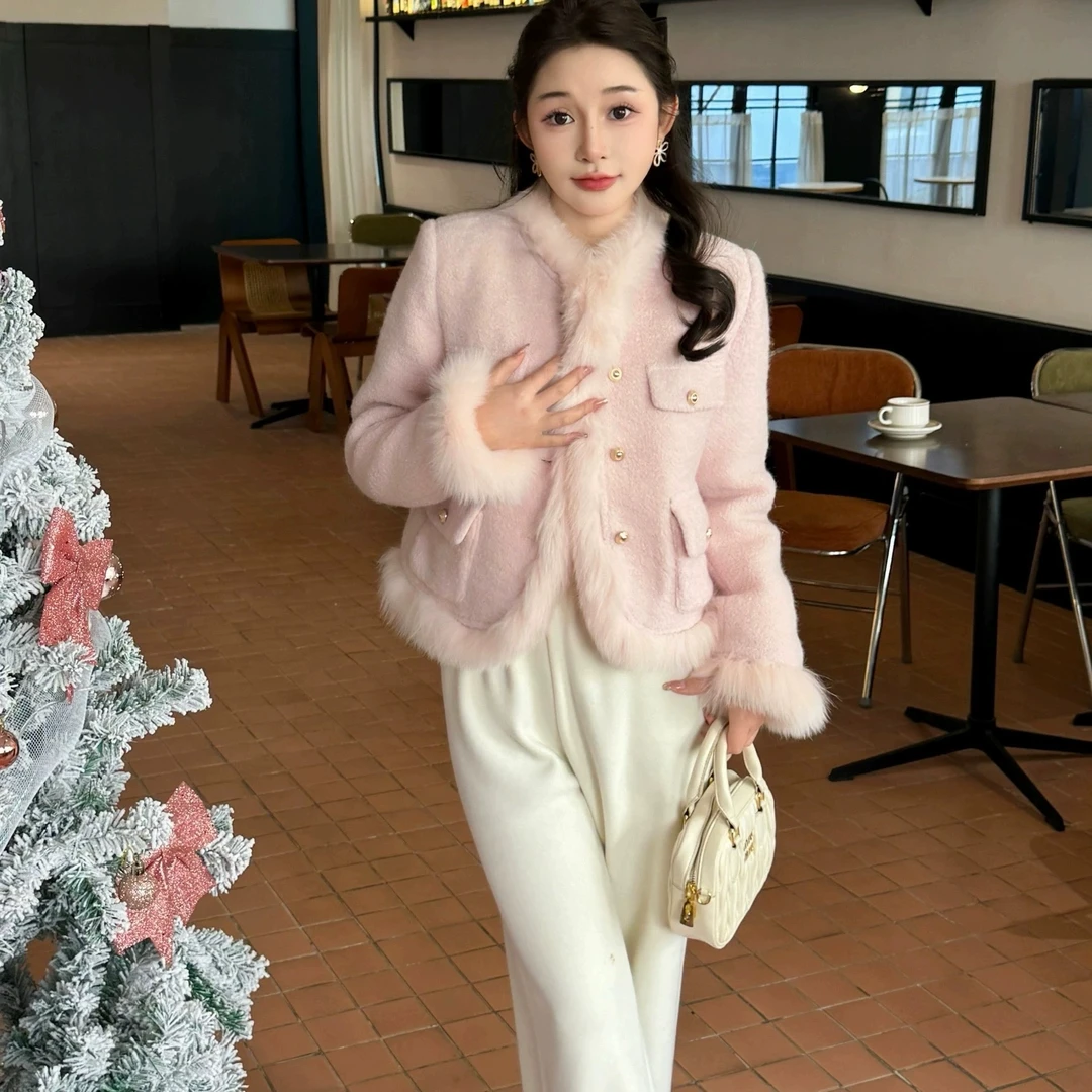 28578#粉色毛绒绒小香羽绒
