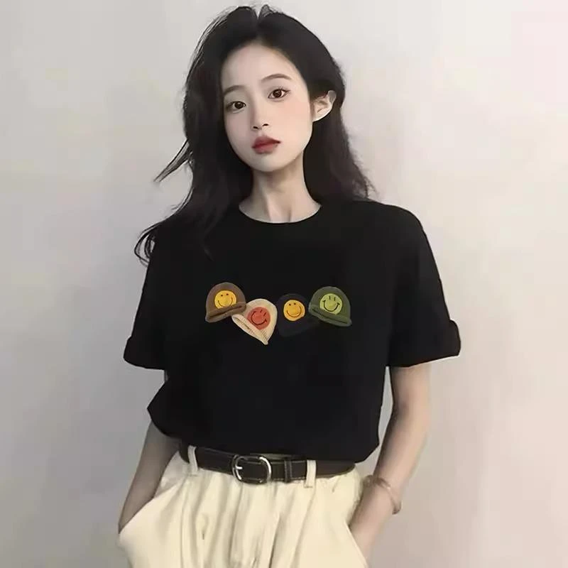 黑色正肩短袖t恤女宽松2025夏季新款韩版纯棉显瘦洋气时尚体恤衫