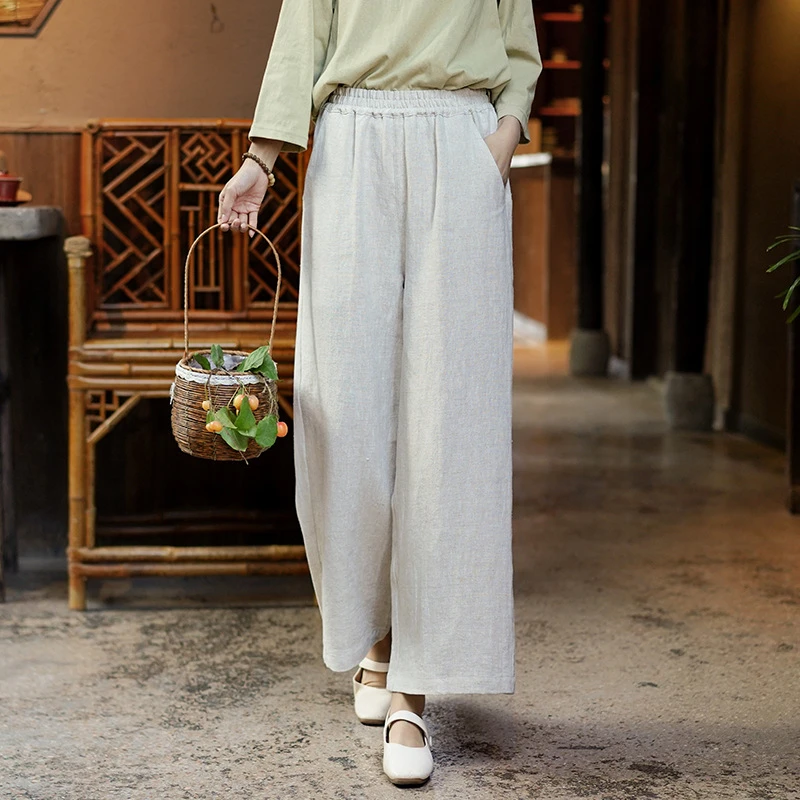 棉麻女装2025春季新款亚麻阔腿裤女高腰大气新中式直筒休闲裤批发