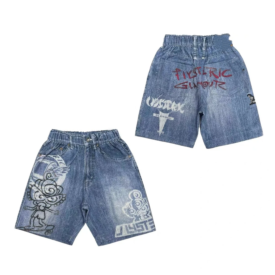 【yo优】定制潮牌儿童牛仔短裤中古滑板翅膀印花3001