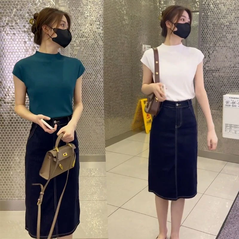 冰丝针织衫短袖t恤牛仔半身裙套装女2025夏季新款修身显瘦两件套