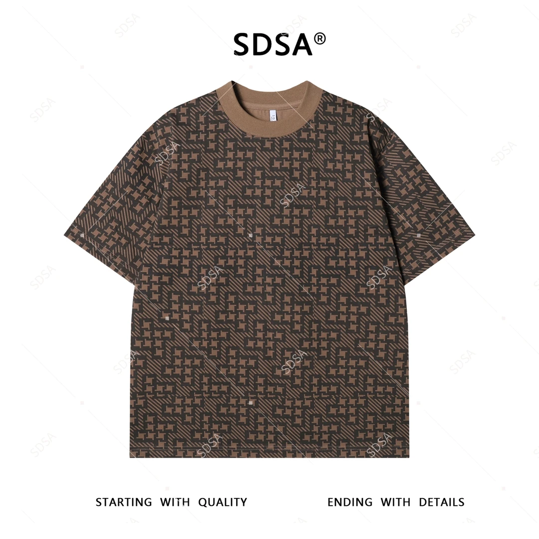 SDSA夏季高级感新款男士美式撞色斜纹图案短袖T恤复古圆领上衣