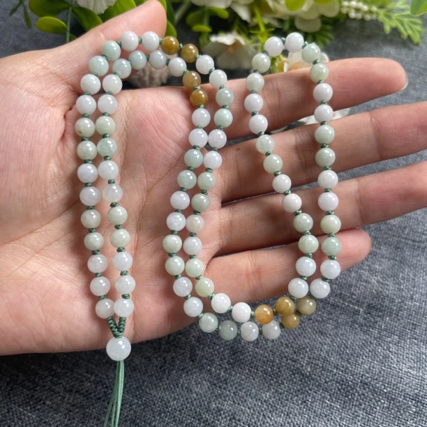 保真缅甸A货翡翠春带彩卡5.7mm经典圆珠手工编织项链绳百搭