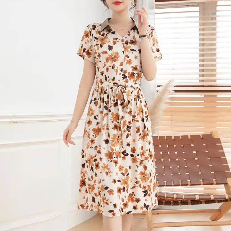 夏季新款女装时尚气质显瘦百搭收腰连衣裙洋气妈妈装K6465