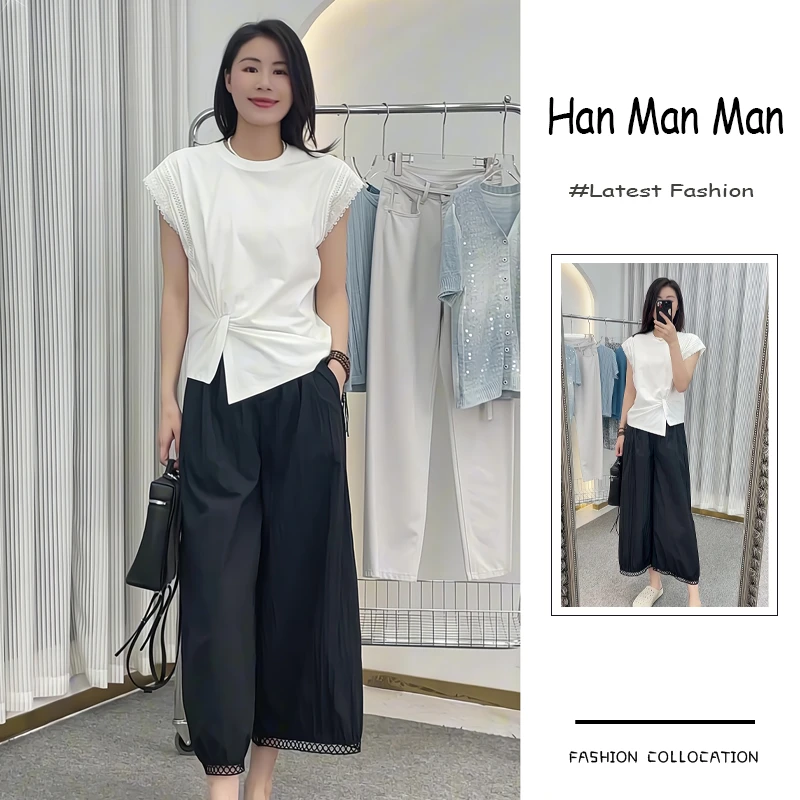 夏季流行穿搭一整套新款2025韩版高级感轻奢短袖上衣阔腿裤两件套