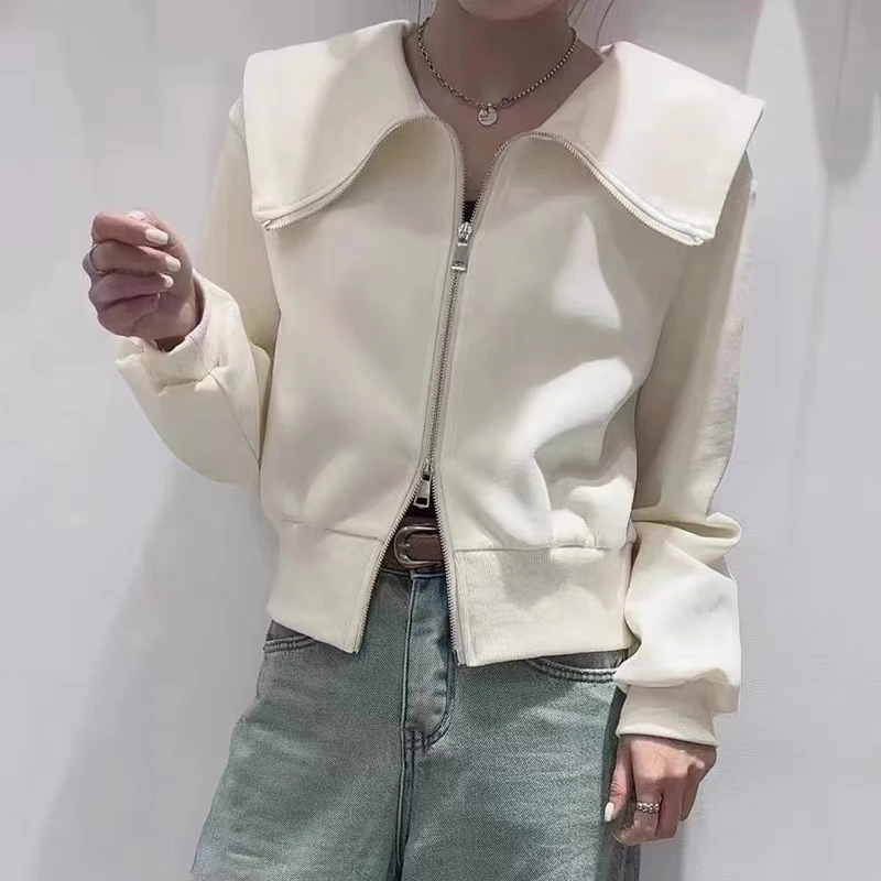 双拉链纯色短外套女春季新款韩版宽松大翻领高级显瘦上衣 5321