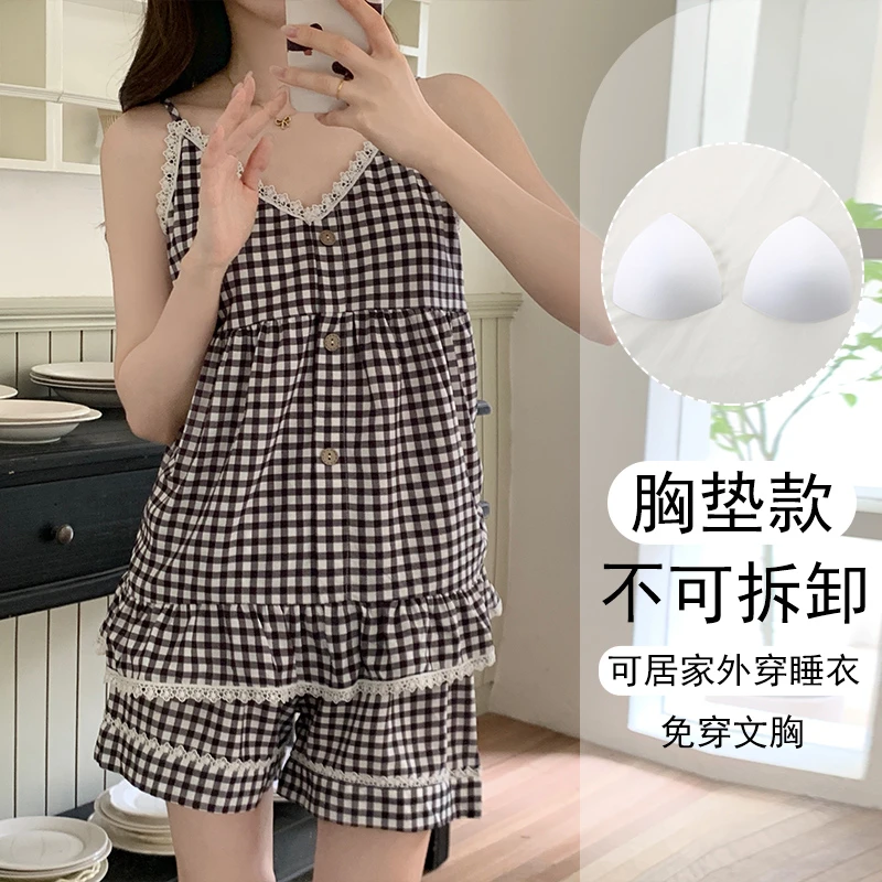 可外穿夏季睡衣女款爆款2025新款大码带胸垫吊带套装奶辣风家居服