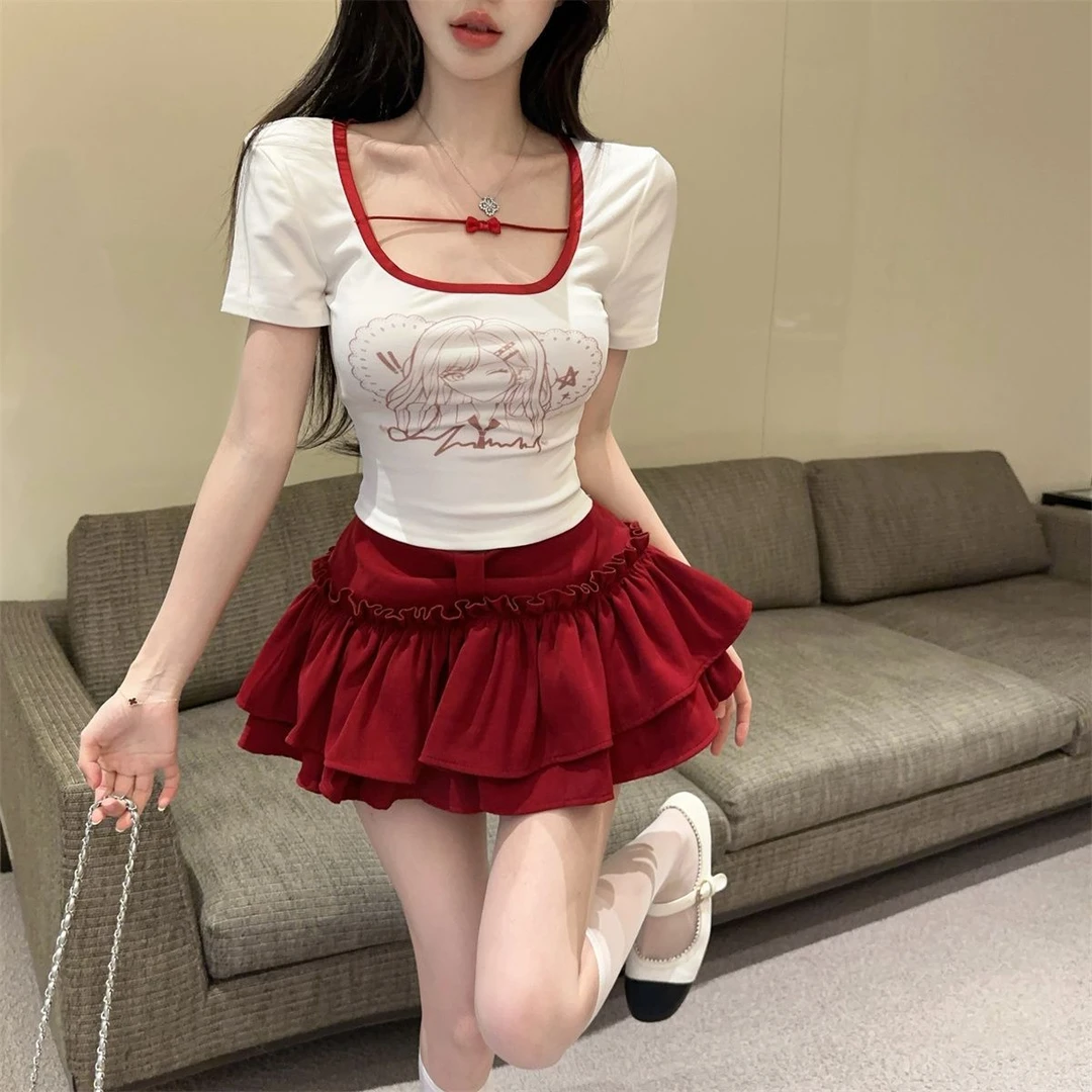 大码纯欲风性感镂空新款辣妹短袖夏季显瘦t恤蝴蝶结修身上衣短款