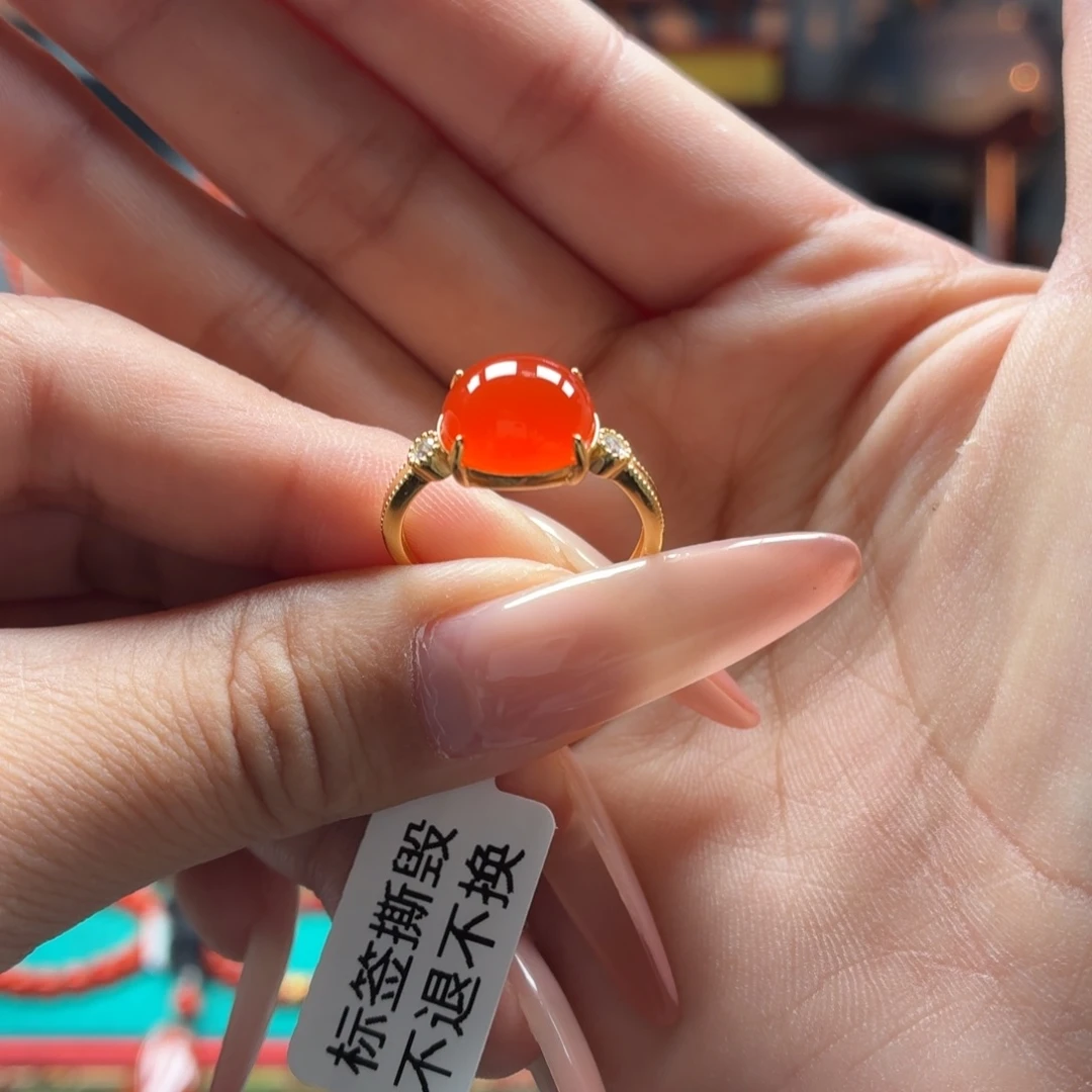南红玛瑙银S925镶嵌女戒原矿保山南红小庄冰红女戒